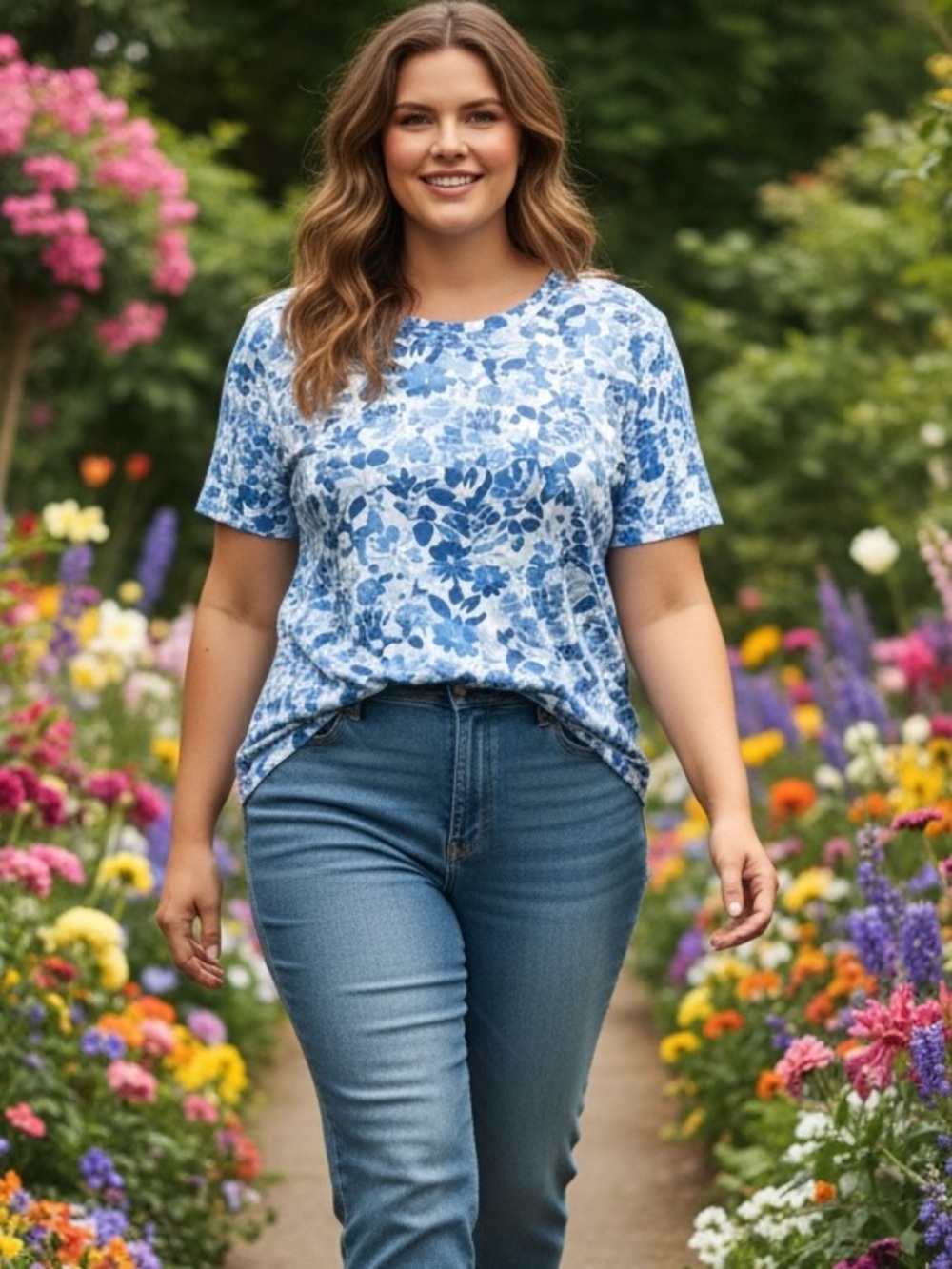 Karen Scott Women XL Floral Short Sleeve Crew Neck T-Shirt Blue/White/Navy